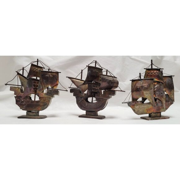 Lot of 3 Vintage Brass Ship Sculptures Nina Pinta Santa Maria - Picture 1 of 9